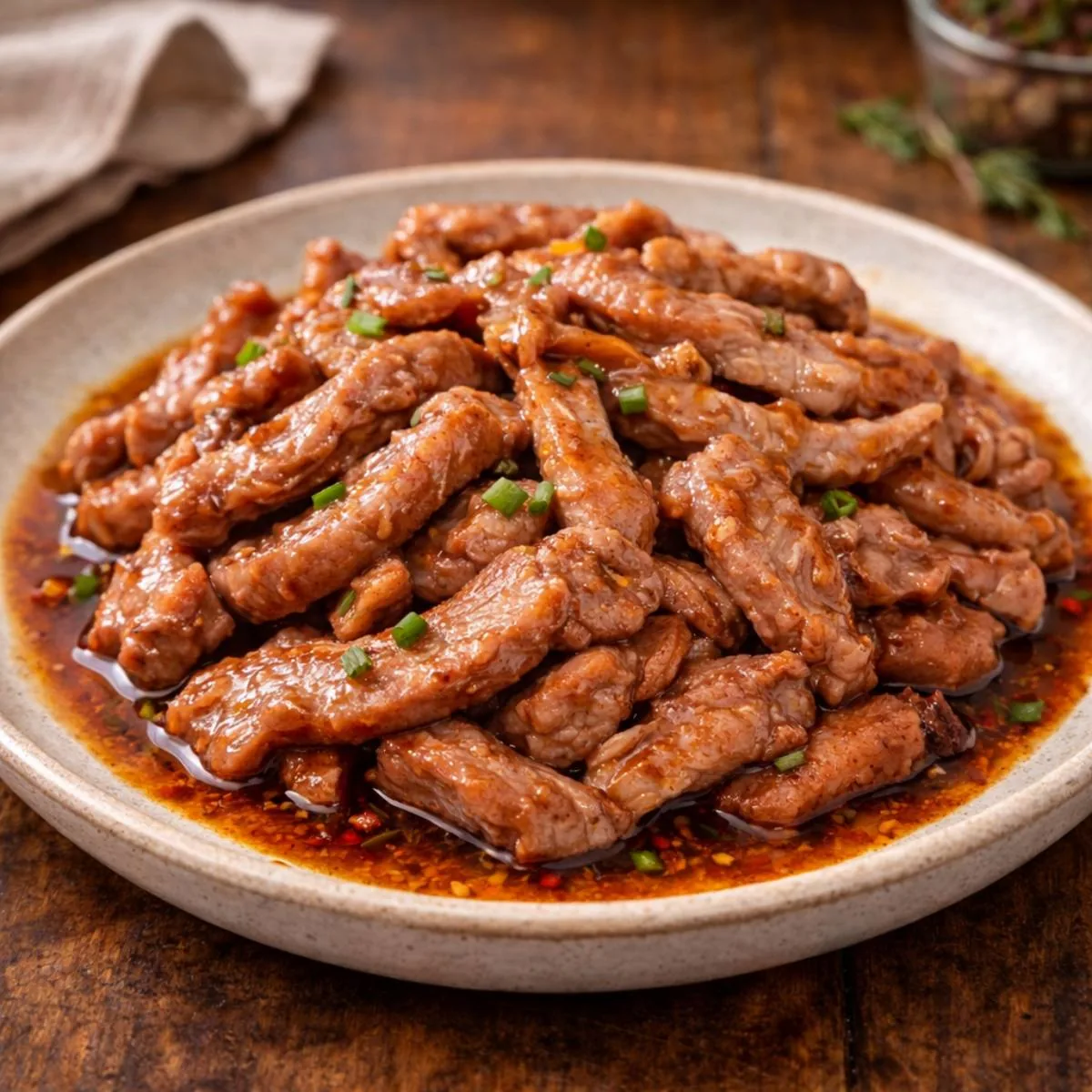 Tiras de porco salteadas com molho e cebolinho num prato, imagem criada com IA